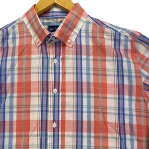 Charleston Threads Button Down Shirt Mens XL Coral Blue Plaid Cotton Long Sleeve